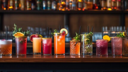 Colorful Cocktails Arranged on Bar Counter