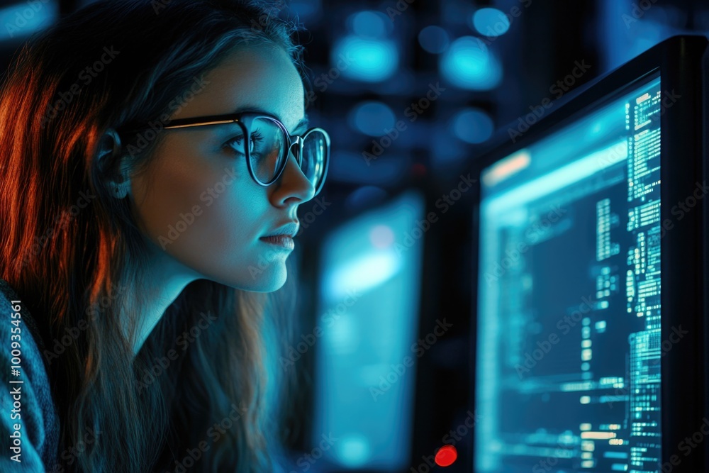 Poster A woman wearing glasses is focused on her computer screen, possibly working or browsing