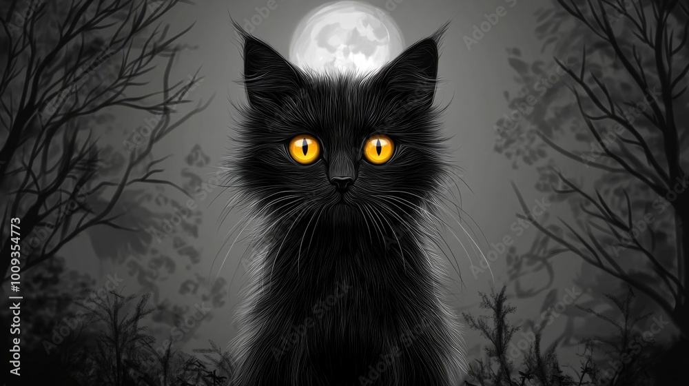 Poster a black cat sits in front of a full moon, illuminated by its gentle glow