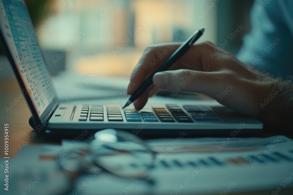 Aufkleber A person sitting at a desk using a laptop and pen and calculator, possibly doing some task or work