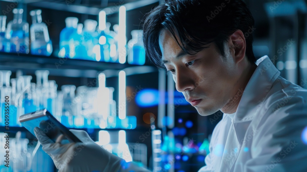 Poster A man in a white lab coat is looking at a tablet while standing in a lab