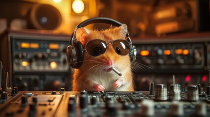 A cool hamster in a radio studio wearing headphones and sunglasses, with a cigarette in its mouth, surrounded by vintage audio equipment and dim studio lighting 