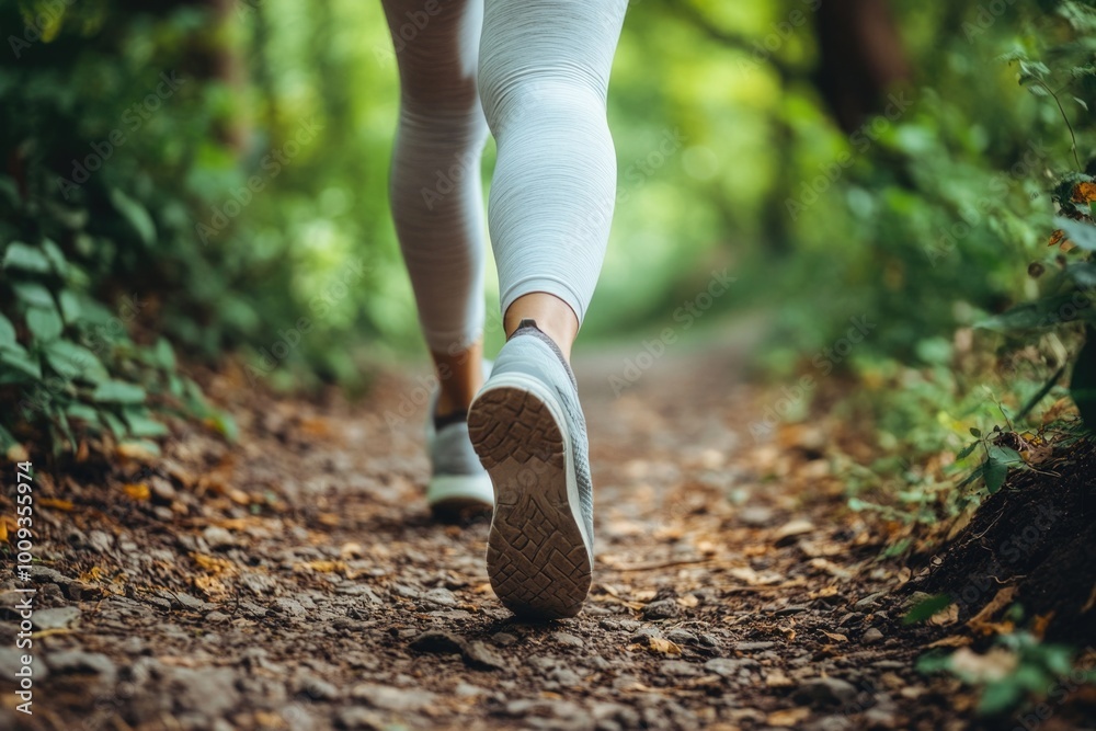 Poster a person walking along a forest path, surrounded by trees and foliage
