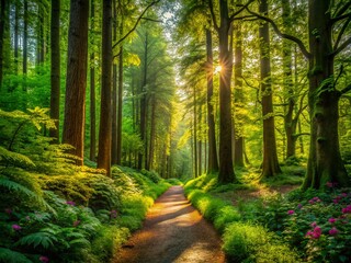 Fototapeta premium Lush Green Forest Pathway Surrounded by Tall Trees and Vibrant Flora in a Serene Natural Setting