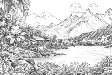 Coloring book illustration of a scenic mountain village with peaceful lake and lush nature