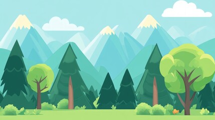 A cartoon illustration of a mountain range with snow-capped peaks and a forest in the foreground.