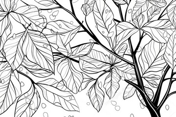 Coloring book illustration of brown leaves on a tree during winter