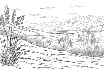 Fototapeta premium Coloring book illustration of a winter landscape in the foothills gently blanketed with snow and wild grasses