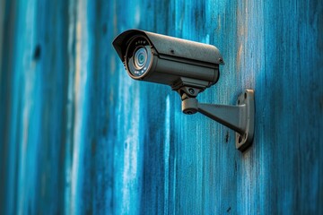 A close-up shot of a camera mounted on a wall