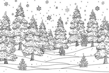 Coloring book illustration of a winter wonderland featuring fir trees Holiday greetings theme