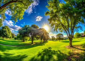 Naklejka premium Lush Green Grass in a Serene Park Setting with Trees and a Clear Blue Sky for Relaxation and