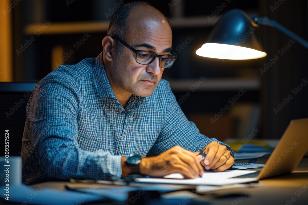 Poster a person sitting at a desk using a laptop computer, great for work or study