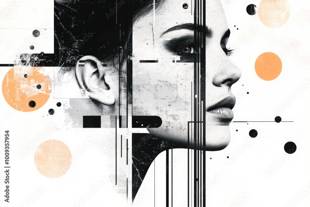 Poster a close-up of a woman's face surrounded by geometric patterns, great for concept art or design proje