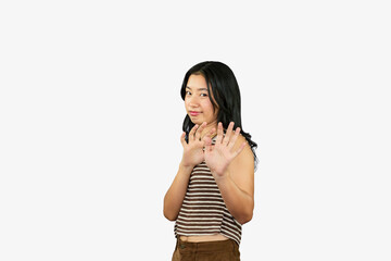 Young Asian Girl Gives several expression and gesture of happy, sad, wow, yes etc.