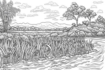 Coloring book illustration of a rice field after harvest