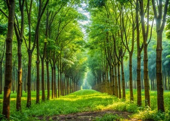 Obraz premium Lush green natural rubber tree in plantation showcasing the vibrant foliage and tapping process