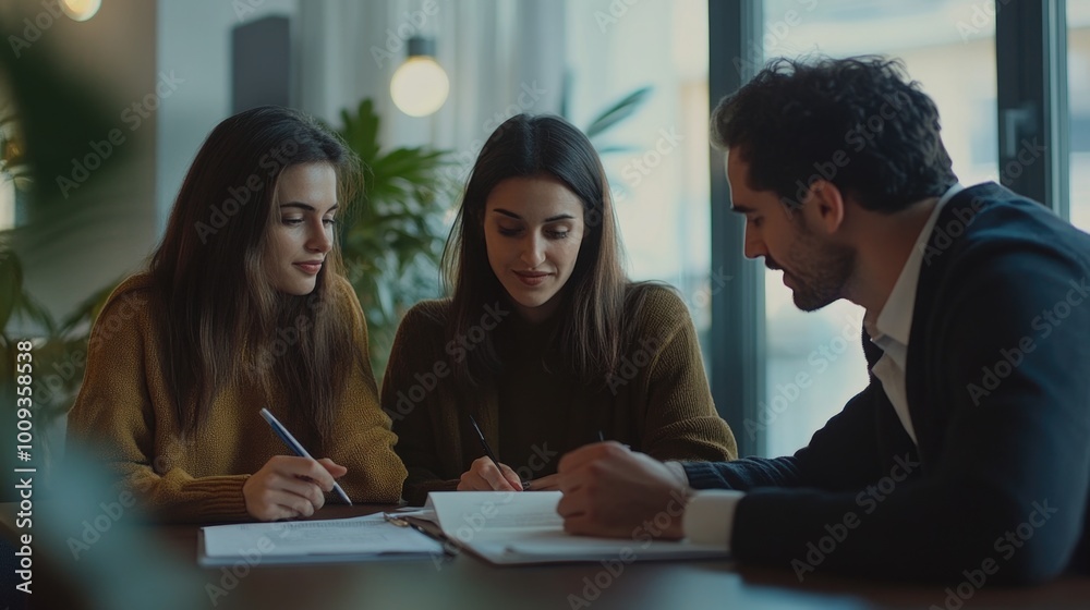 Poster three individuals working together at a table with papers and pens