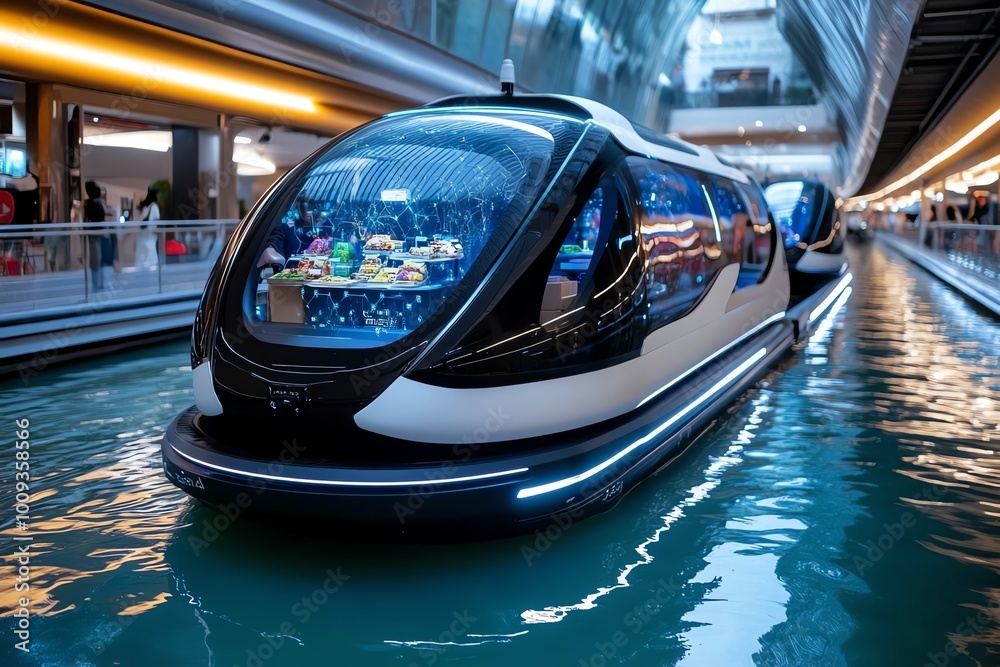 Poster a futuristic version of a floating market in thailand, with advanced boats powered by ai, serving fo