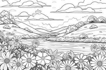 Fototapeta premium Coloring book illustration of a scenic view featuring a vibrant sky flowing river and blooming flowers atop a hill inviting a sense of tranquility and natural beauty