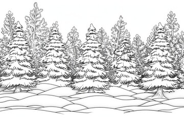 Fototapeta premium Coloring book illustration of a pine forest blanketed in snow