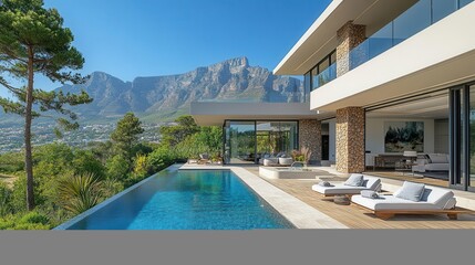 Fototapeta premium stunning residential villa showcasing minimalist modern architecture featuring a swimming pool with a breathtaking mountain view in the background epitomizing luxury living