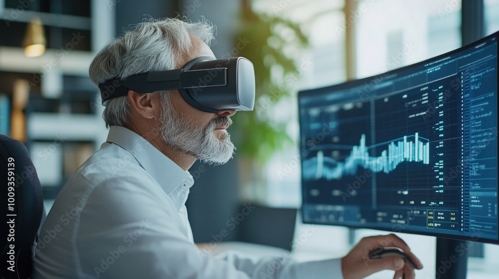 Poster a person sitting at a computer with a vr headset, perfect for tech or gaming concepts