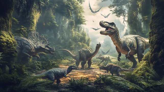 Fototapeta A herd of dinosaurs roam a lush prehistoric jungle, with a Tyrannosaurus Rex in the foreground.