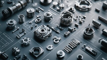 Fototapeta premium A collection of metal parts and tools arranged on a table