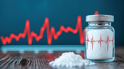 Salt in a glass jar with an ECG heart rate monitor background, symbolizing health and wellness.