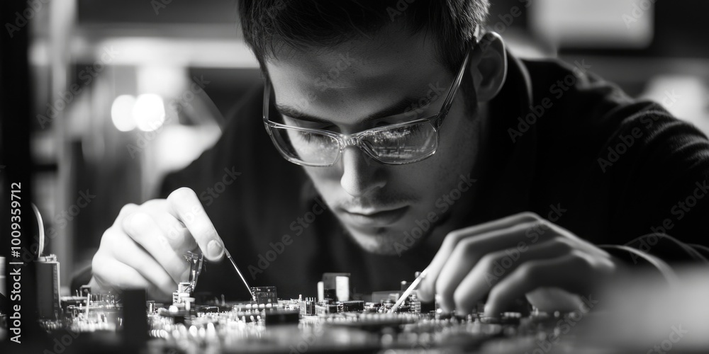 Poster a person assembling electronic components on a circuit board