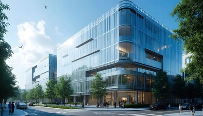 Obraz premium A high-tech office building with glass walls and cutting-edge design, showcasing a modern and transparent workspace that fosters collaboration and innovation.
