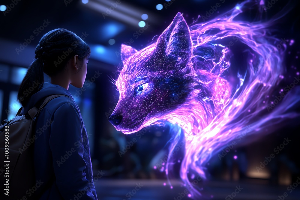 Poster a futuristic zoo where holographic animals interact with visitors, blending advanced technology with