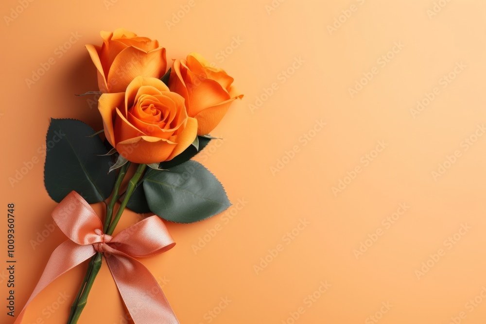 Wall mural Orange rose bouquet ribbon flower plant.