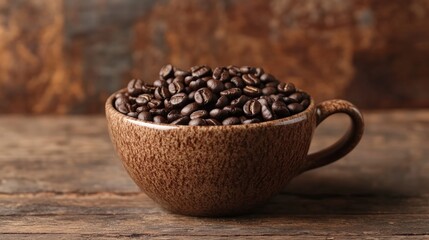 Fototapeta premium A close-up of a brown ceramic mug filled with roasted coffee beans on a wooden table.