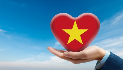 手で持っているベトナムの国旗のハートと青空(Heart of Viet Nam flag held in hand and blue sky.)
