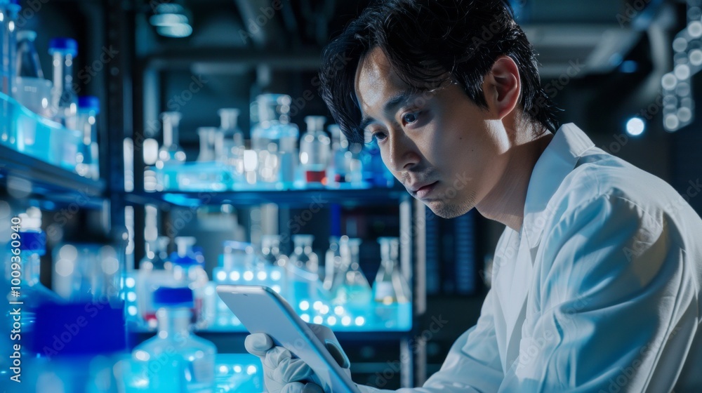 Poster a man in a white lab coat is looking at a tablet while standing in a room full o