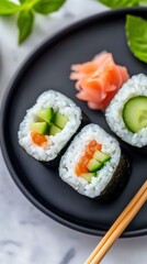 Viewed from above, sushi rolls with rice, avocado, tomato, cucumber slices, and pink salmon on top.
