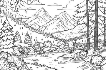 Coloring book illustration of a picturesque mountain landscape featuring vibrant autumn colors and stunning natural scenery