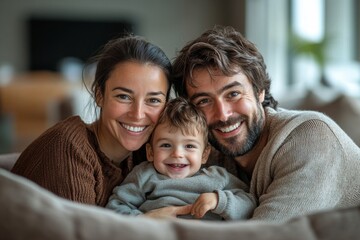 Obraz premium Happy parents spending quality time with their son at home, Generative AI