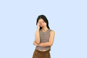 Excited Asian Student Girl gives expression hand fa gesture of sad, wow, happy, laughing in blue...