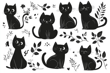 A group of black cats in various poses, showcasing their agility and playfulness