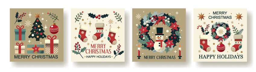 Festive Christmas Vector Card Set with Wreaths, Snowman, Stockings, and Holiday Decorations in a Minimalistic, Cozy Style. Perfect for Holiday Greetings and Seasonal Design Projects