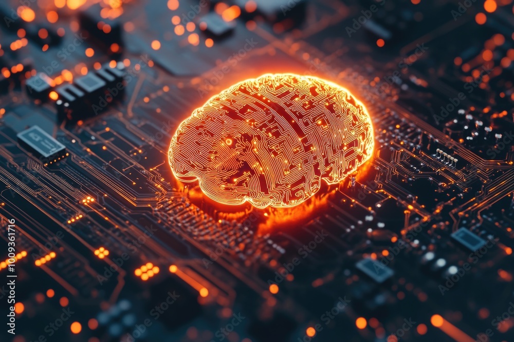 Poster A futuristic and imaginative illustration of a glowing brain on a circuit board, perfect for use in sci-fi or technology-themed designs