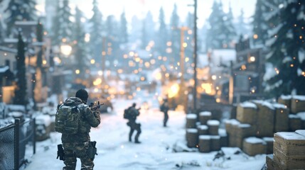 Obraz premium Soldier in Camouflage Gear Aiming Rifle During Snowy Urban Warfare