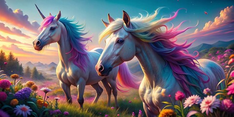 Magical unicorns in a whimsical landscape with vibrant colors and enchanting fantasy elements