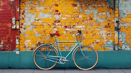 A teal bicycle parked against a colorful brick wall.