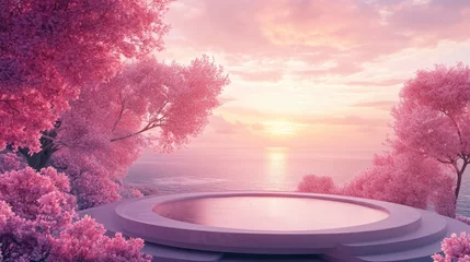 Fototapete Rund A serene scene with a circular pool surrounded by a bright pink landscape © Fotograf