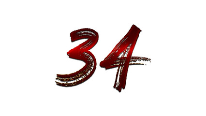 3D blood red number design of 34 on white background.