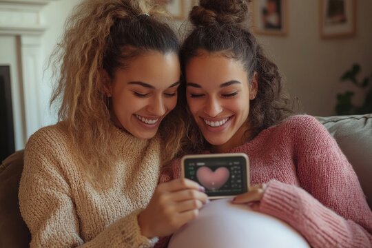 Excited lesbian couple looking at their ultrasound scan, Generative AI