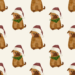 Seamless pattern of grumpy sitting pug in santa hat and bandana on beige background - hand drawn watercolor illustration of cute christmas dogs